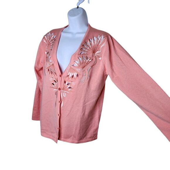 Bob Mackie Wearable Art Cardigan Sweater Fan Ribbon Cutout Women Size XS Pink - Picture 2 of 5